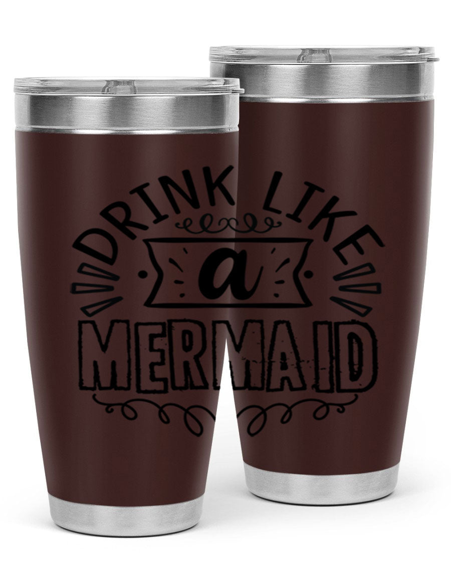 A vibrant 20oz stainless steel tumbler featuring a mermaid design, showcasing its double wall vacuum insulation and drink-thru lid.