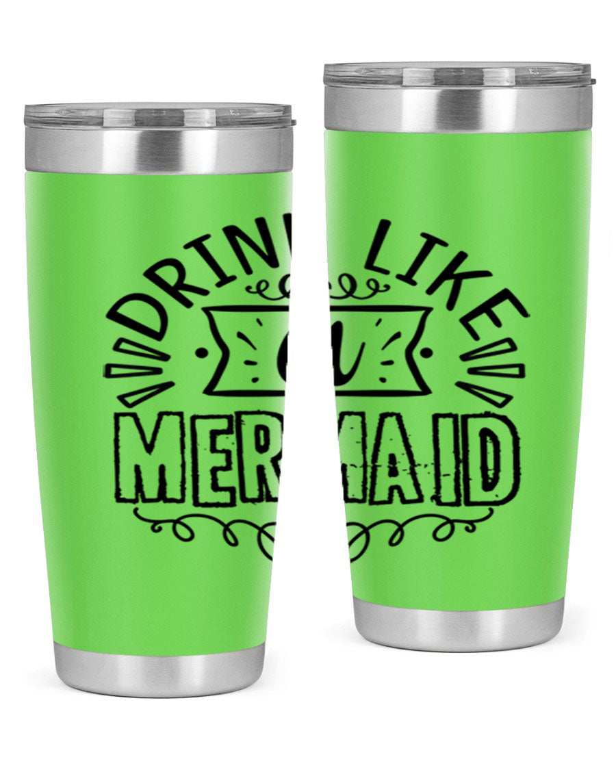 A vibrant 20oz stainless steel tumbler featuring a mermaid design, showcasing its double wall vacuum insulation and drink-thru lid.