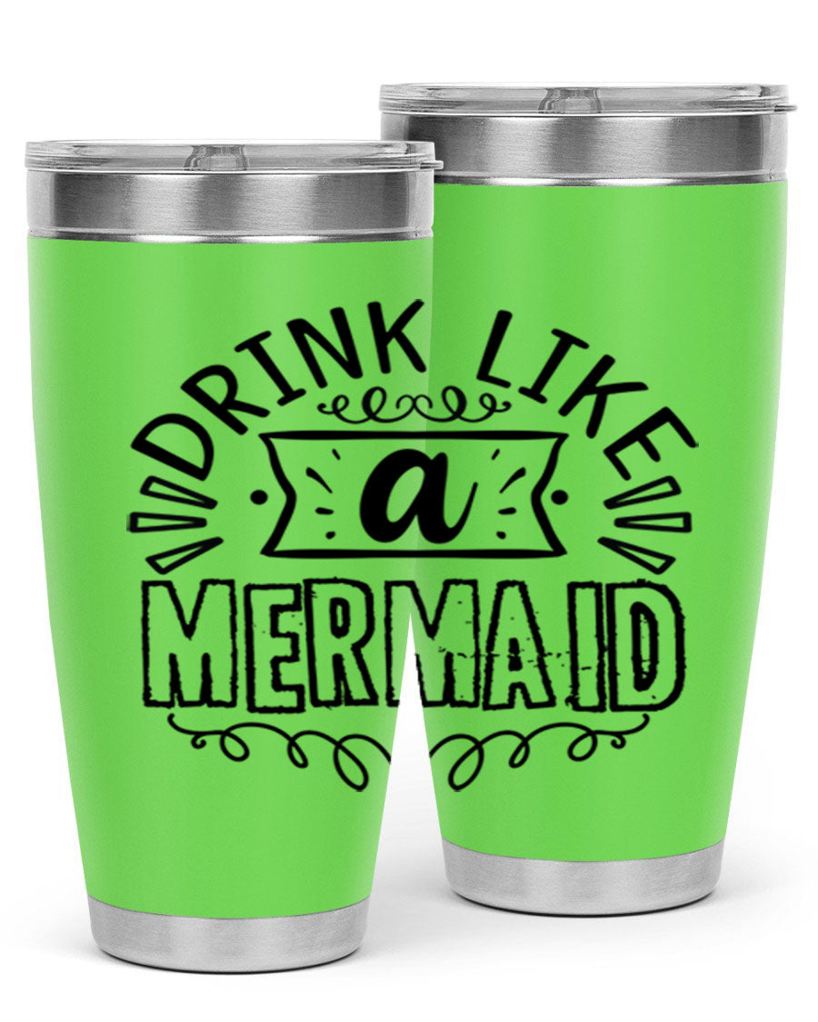 A vibrant 20oz stainless steel tumbler featuring a mermaid design, showcasing its double wall vacuum insulation and drink-thru lid.