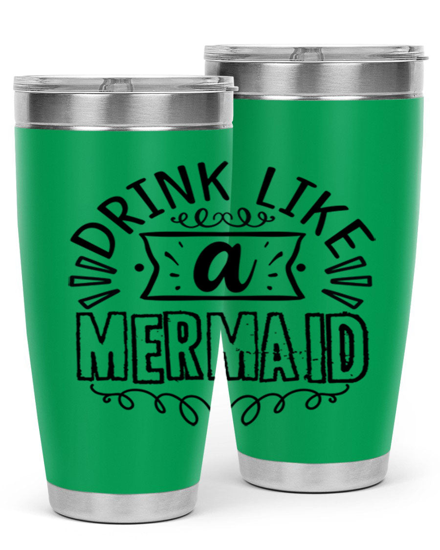 A vibrant 20oz stainless steel tumbler featuring a mermaid design, showcasing its double wall vacuum insulation and drink-thru lid.