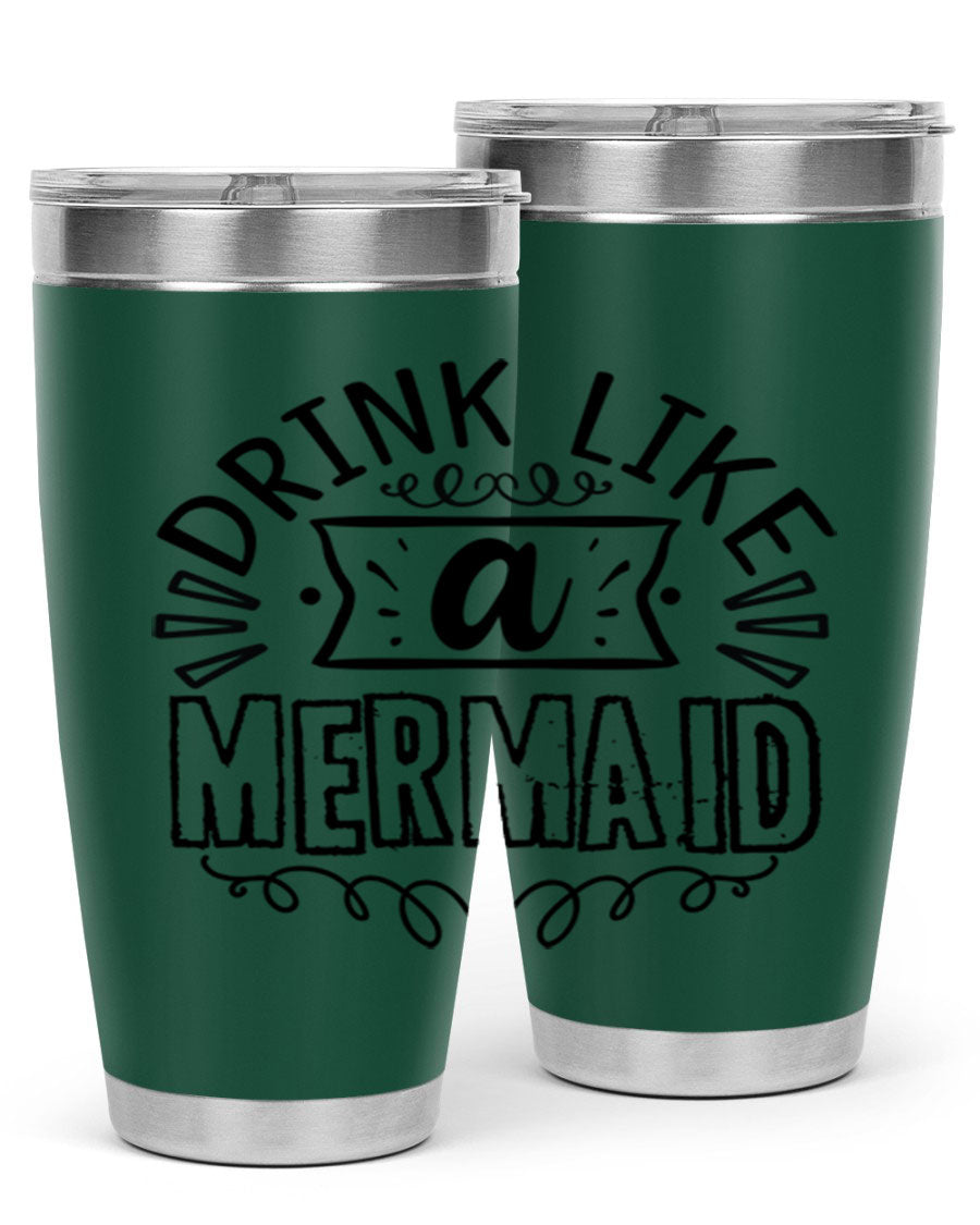 A vibrant 20oz stainless steel tumbler featuring a mermaid design, showcasing its double wall vacuum insulation and drink-thru lid.