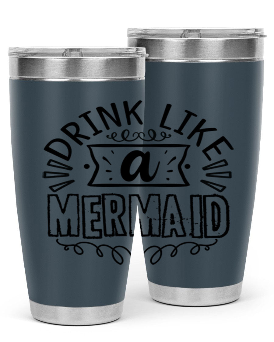 A vibrant 20oz stainless steel tumbler featuring a mermaid design, showcasing its double wall vacuum insulation and drink-thru lid.