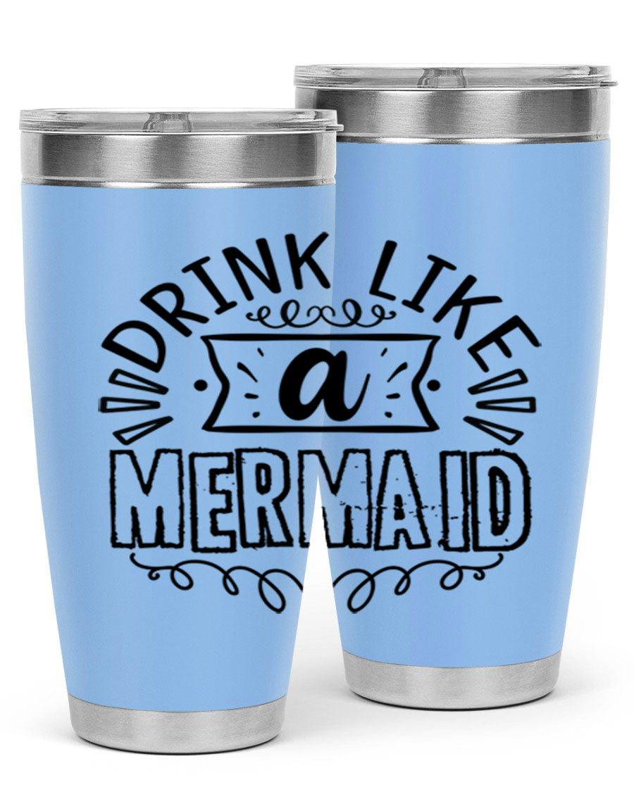 A vibrant 20oz stainless steel tumbler featuring a mermaid design, showcasing its double wall vacuum insulation and drink-thru lid.
