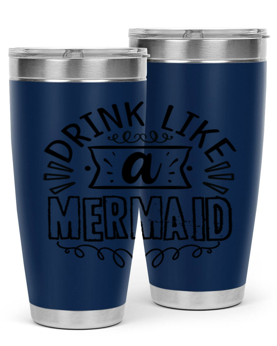 A vibrant 20oz stainless steel tumbler featuring a mermaid design, showcasing its double wall vacuum insulation and drink-thru lid.