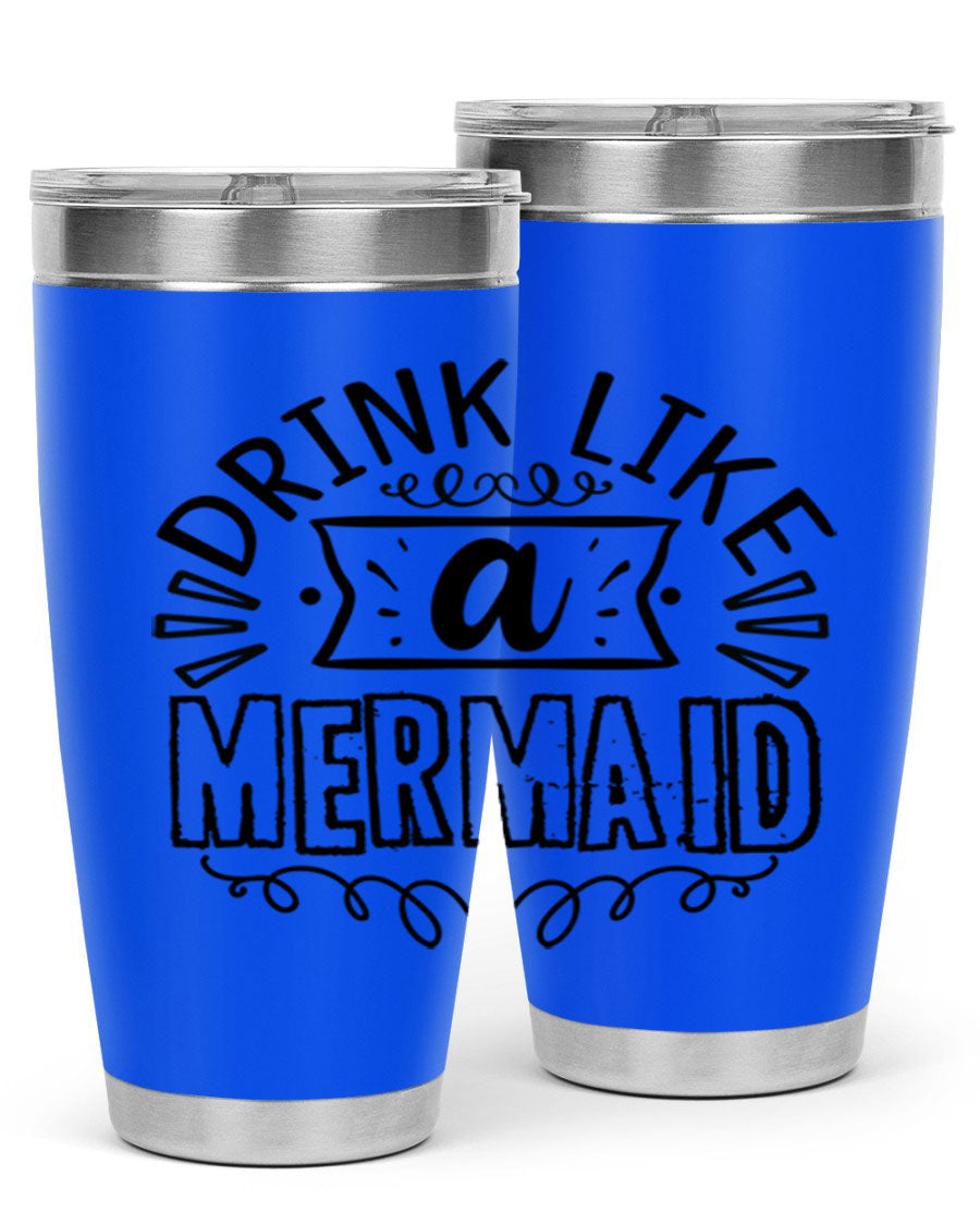 A vibrant 20oz stainless steel tumbler featuring a mermaid design, showcasing its double wall vacuum insulation and drink-thru lid.
