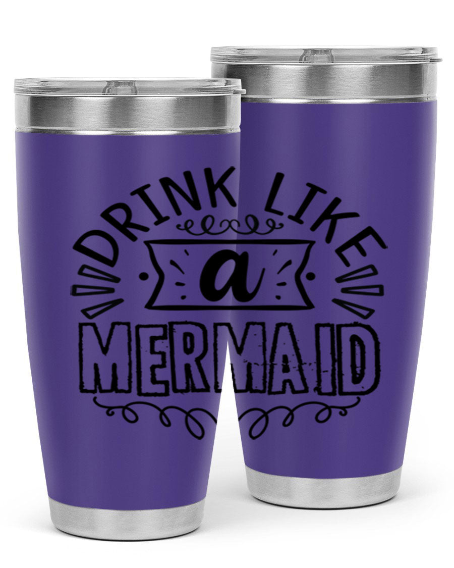 A vibrant 20oz stainless steel tumbler featuring a mermaid design, showcasing its double wall vacuum insulation and drink-thru lid.