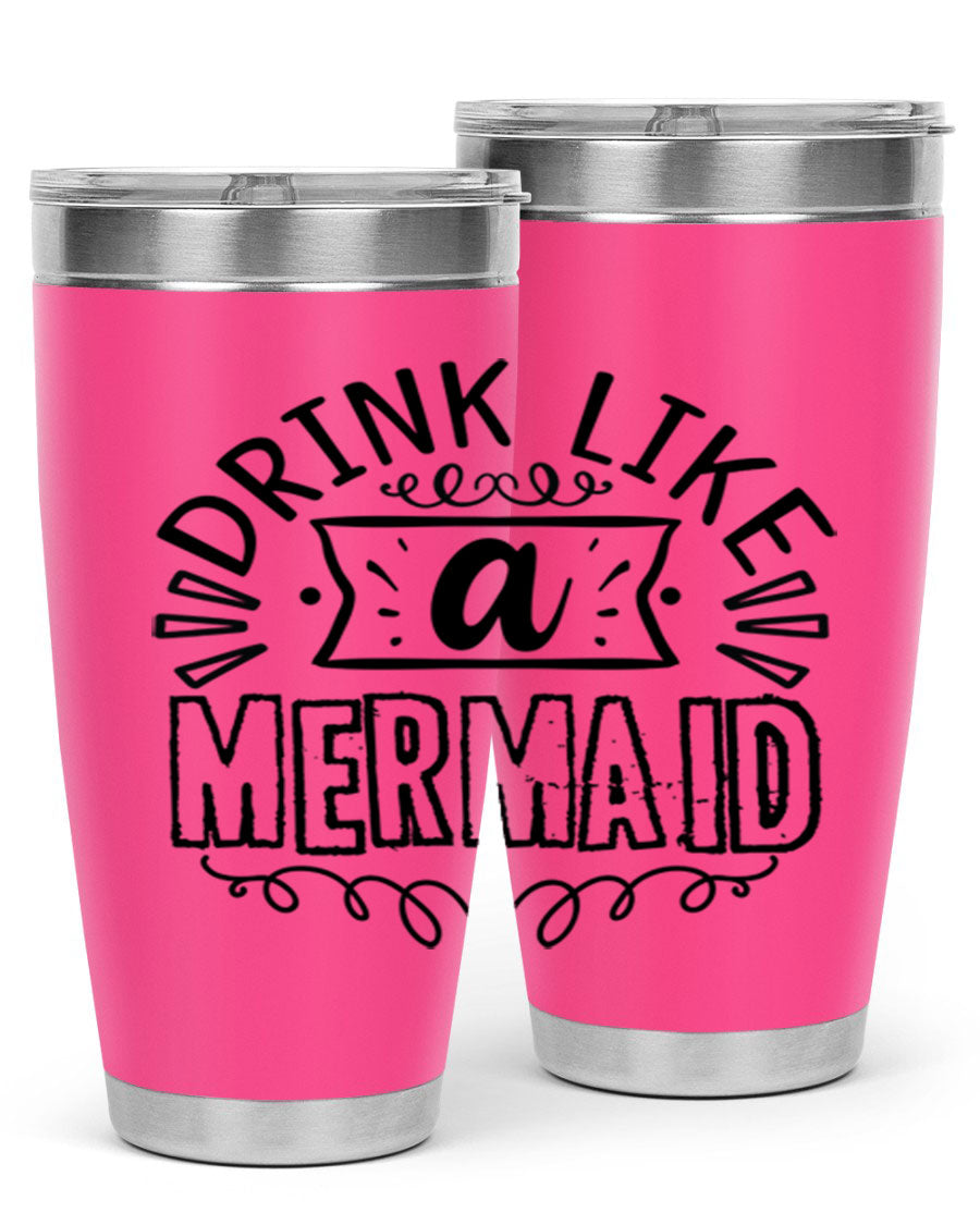 A vibrant 20oz stainless steel tumbler featuring a mermaid design, showcasing its double wall vacuum insulation and drink-thru lid.
