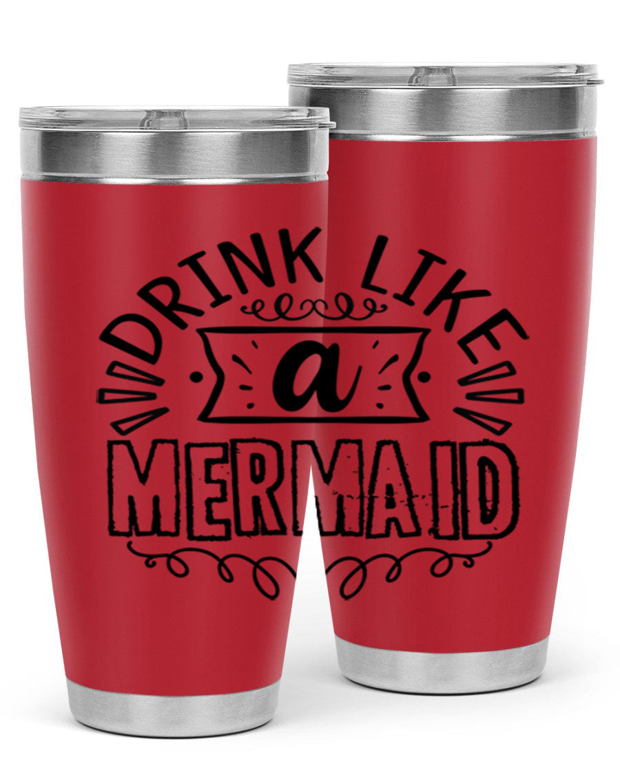A vibrant 20oz stainless steel tumbler featuring a mermaid design, showcasing its double wall vacuum insulation and drink-thru lid.