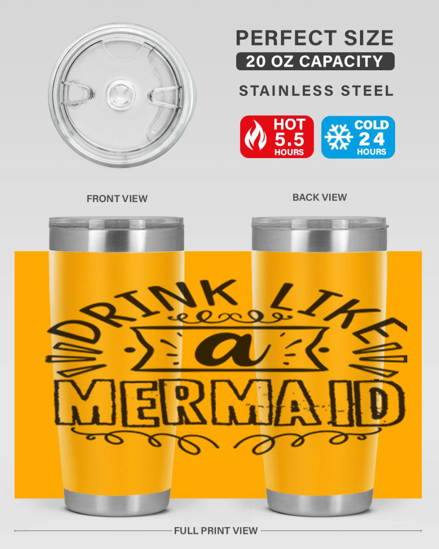 A vibrant 20oz stainless steel tumbler featuring a mermaid design, showcasing its double wall vacuum insulation and drink-thru lid.
