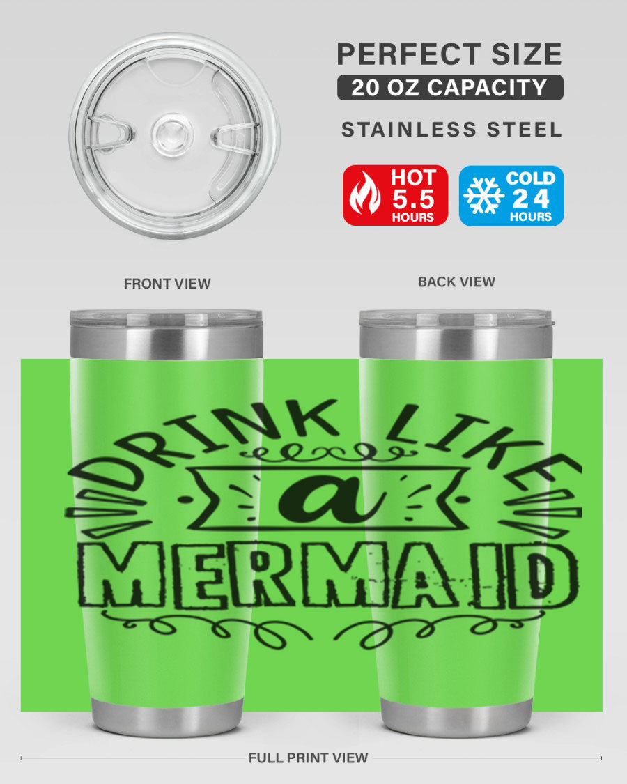 A vibrant 20oz stainless steel tumbler featuring a mermaid design, showcasing its double wall vacuum insulation and drink-thru lid.