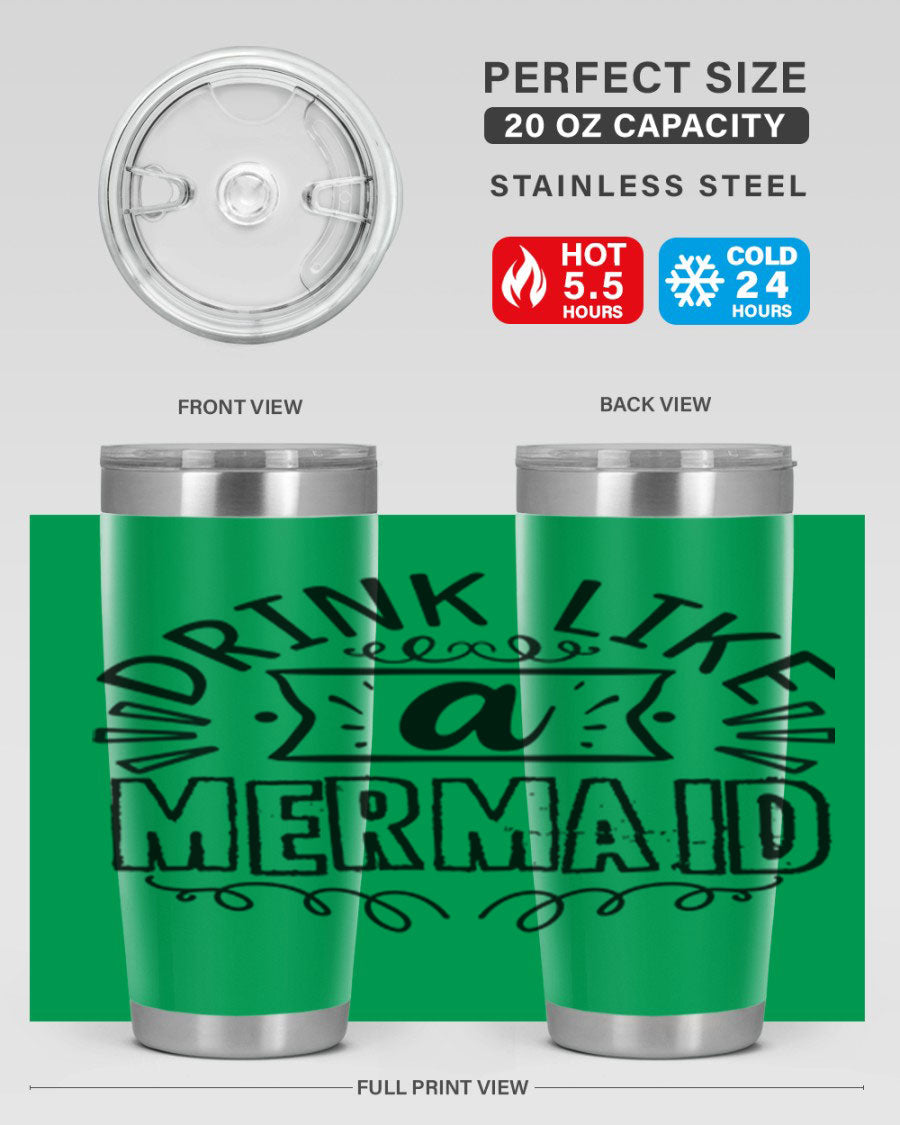 A vibrant 20oz stainless steel tumbler featuring a mermaid design, showcasing its double wall vacuum insulation and drink-thru lid.