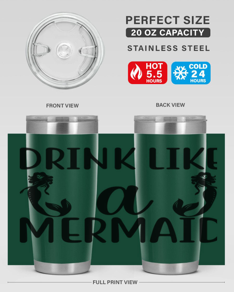 Drink like a Mermaid 148# Tumbler in vibrant colors, showcasing its double wall vacuum stainless steel design and drink-thru lid.