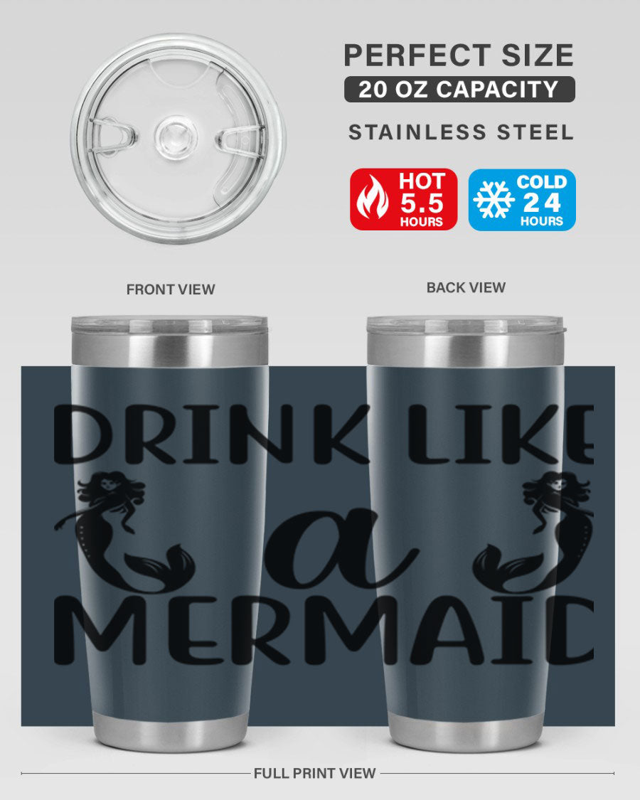 Drink like a Mermaid 148# Tumbler in vibrant colors, showcasing its double wall vacuum stainless steel design and drink-thru lid.