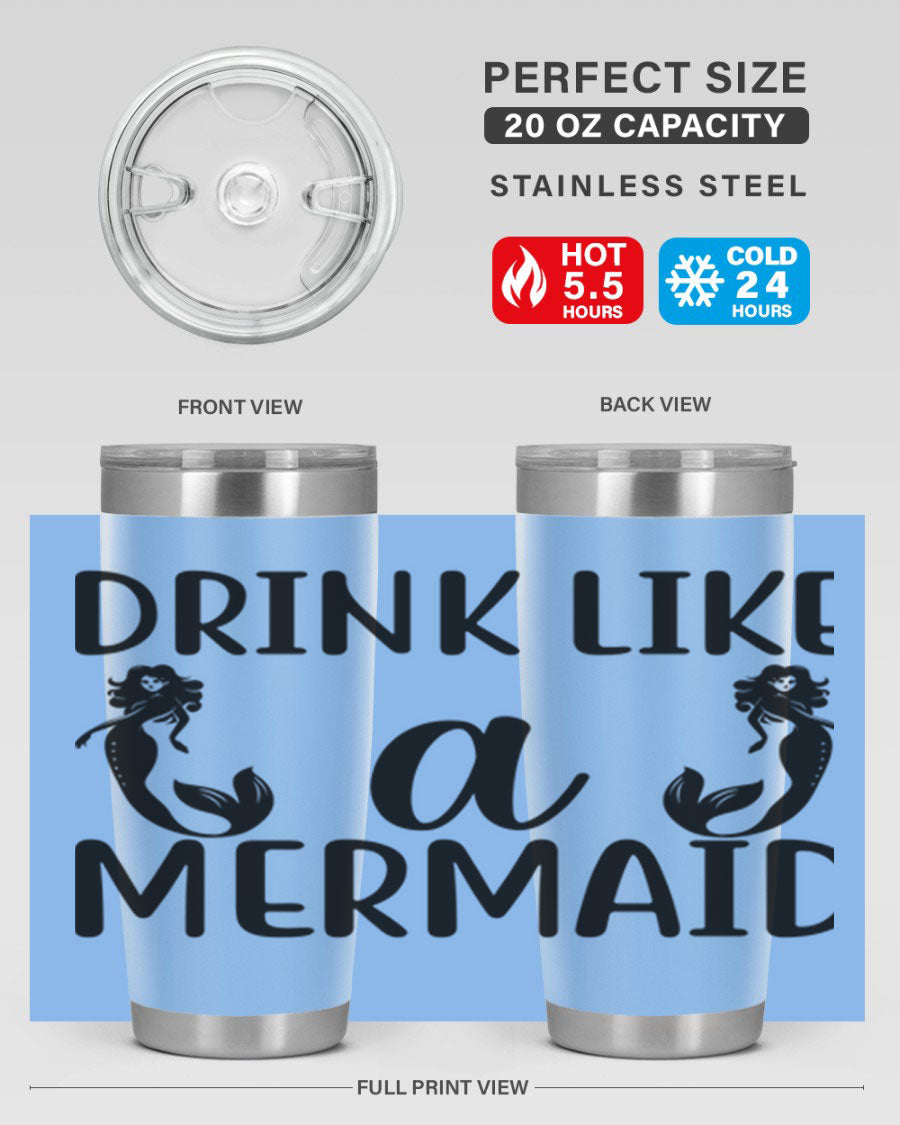 Drink like a Mermaid 148# Tumbler in vibrant colors, showcasing its double wall vacuum stainless steel design and drink-thru lid.