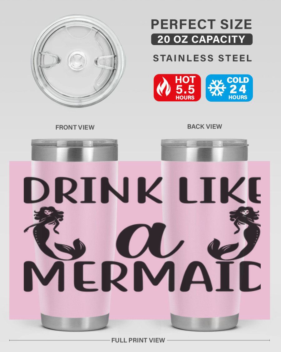 Drink like a Mermaid 148# Tumbler in vibrant colors, showcasing its double wall vacuum stainless steel design and drink-thru lid.