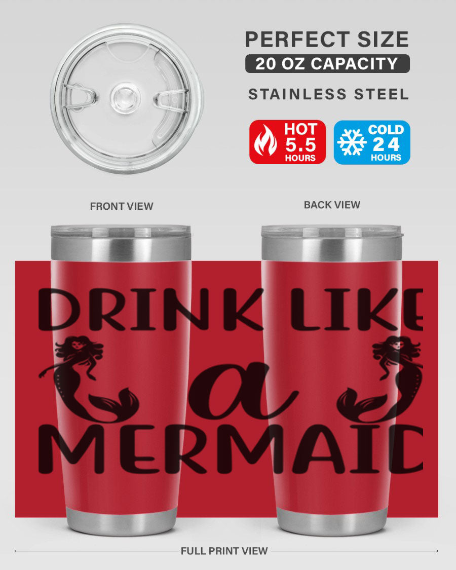 Drink like a Mermaid 148# Tumbler in vibrant colors, showcasing its double wall vacuum stainless steel design and drink-thru lid.