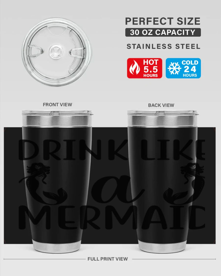 Drink like a Mermaid 148# Tumbler in vibrant colors, showcasing its double wall vacuum stainless steel design and drink-thru lid.