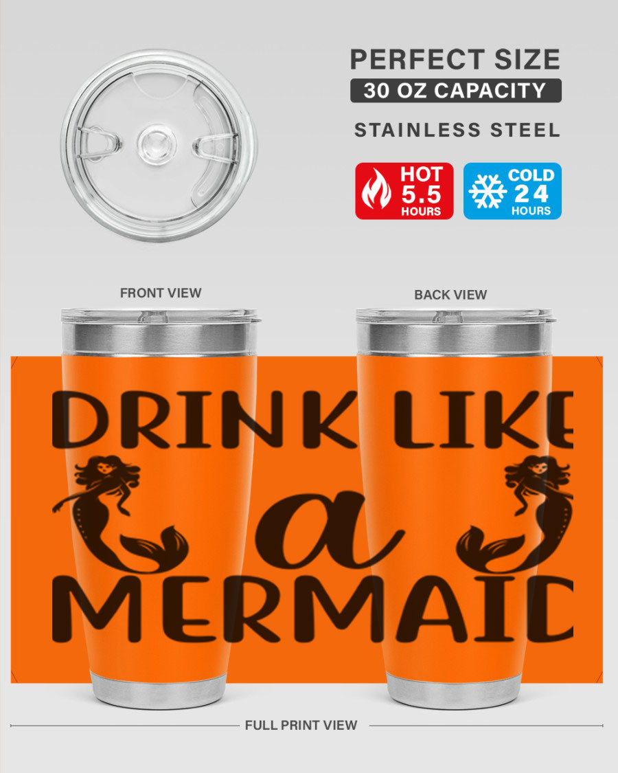 Drink like a Mermaid 148# Tumbler in vibrant colors, showcasing its double wall vacuum stainless steel design and drink-thru lid.