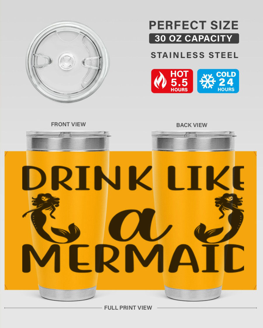 Drink like a Mermaid 148# Tumbler in vibrant colors, showcasing its double wall vacuum stainless steel design and drink-thru lid.