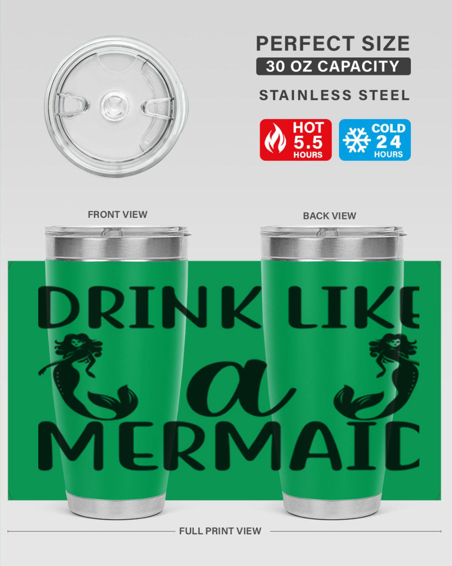 Drink like a Mermaid 148# Tumbler in vibrant colors, showcasing its double wall vacuum stainless steel design and drink-thru lid.
