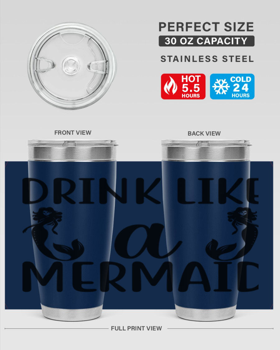 Drink like a Mermaid 148# Tumbler in vibrant colors, showcasing its double wall vacuum stainless steel design and drink-thru lid.
