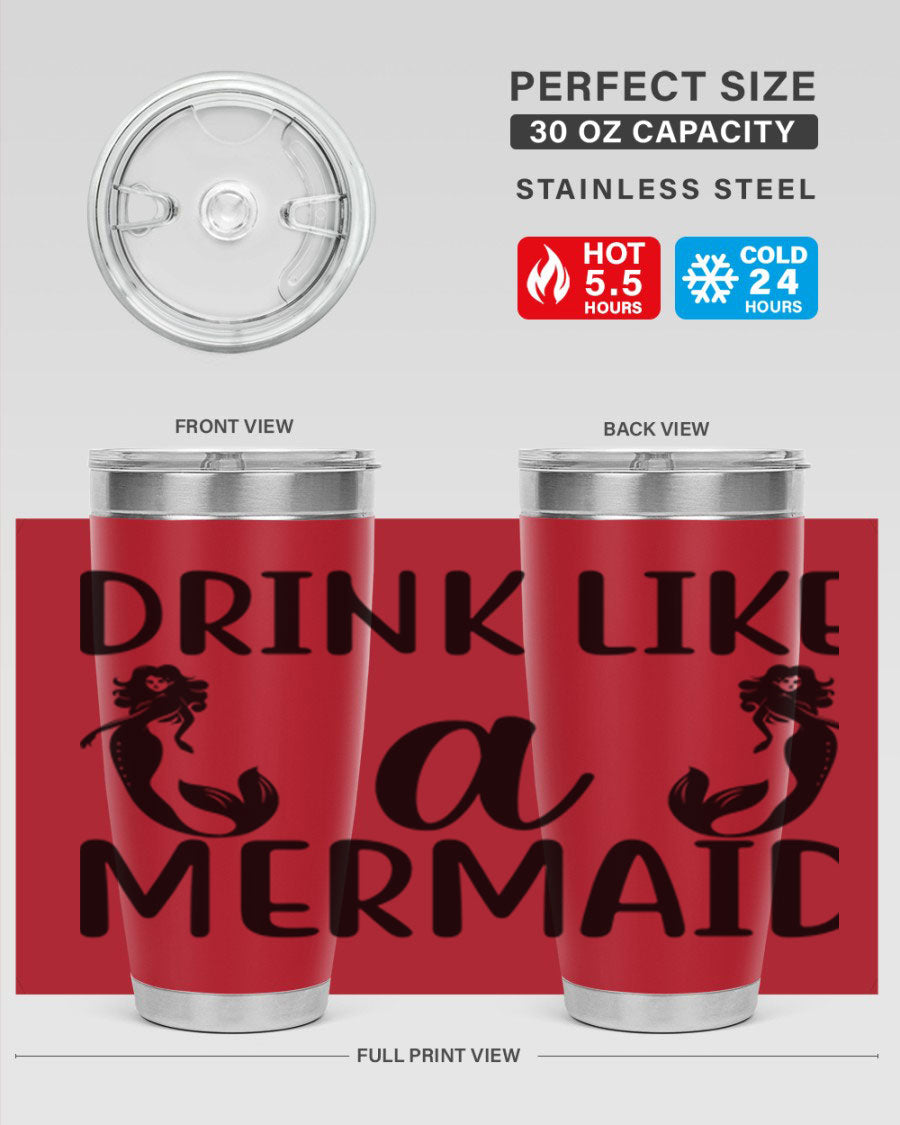 Drink like a Mermaid 148# Tumbler in vibrant colors, showcasing its double wall vacuum stainless steel design and drink-thru lid.