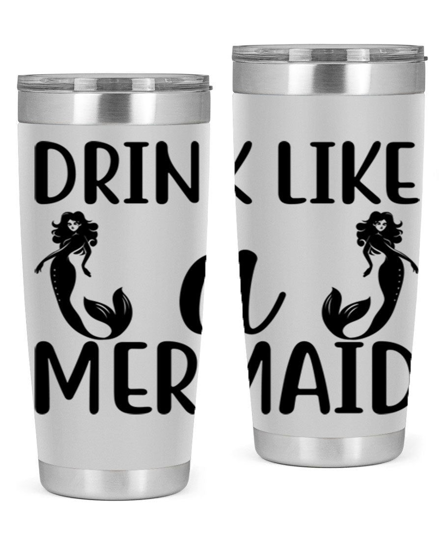 Drink like a Mermaid 148# Tumbler in vibrant colors, showcasing its double wall vacuum stainless steel design and drink-thru lid.
