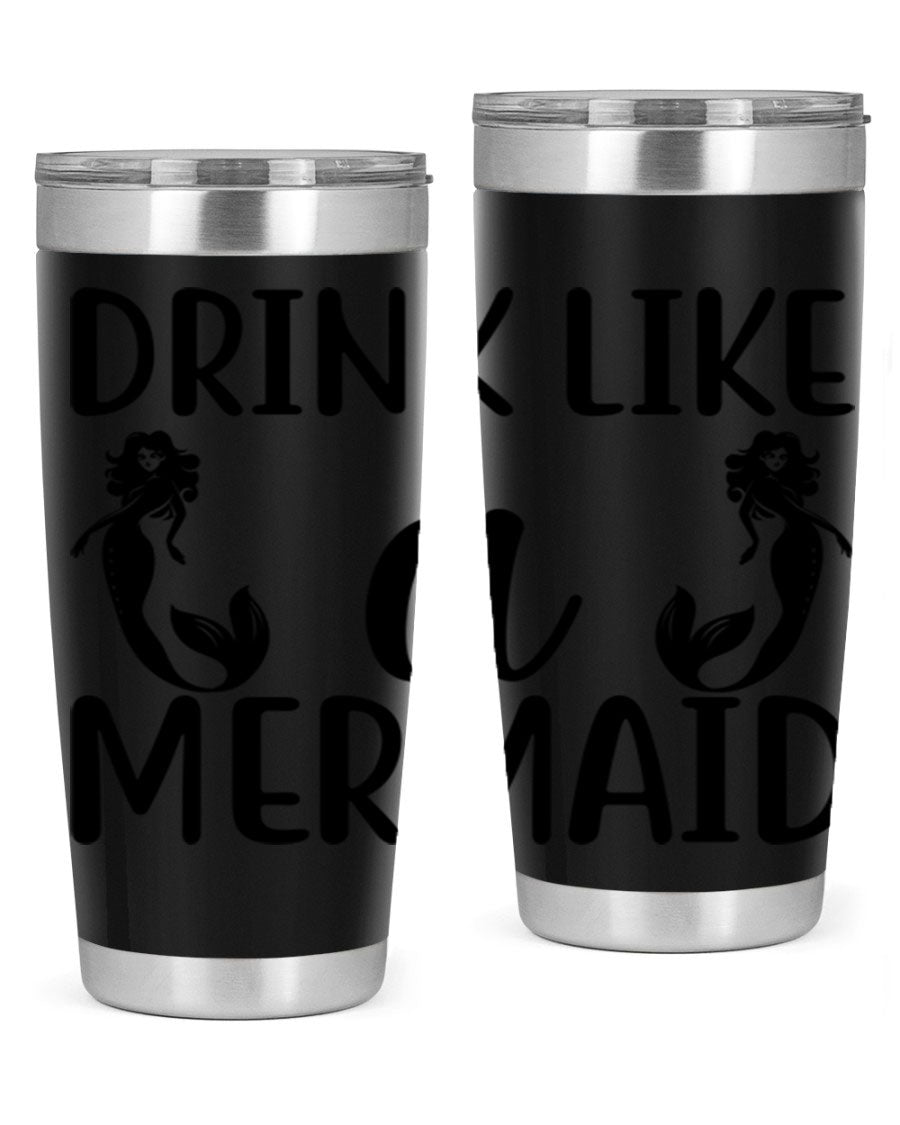 Drink like a Mermaid 148# Tumbler in vibrant colors, showcasing its double wall vacuum stainless steel design and drink-thru lid.