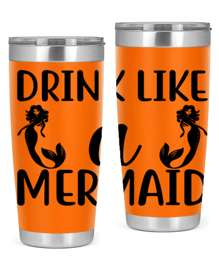 Drink like a Mermaid 148# Tumbler in vibrant colors, showcasing its double wall vacuum stainless steel design and drink-thru lid.