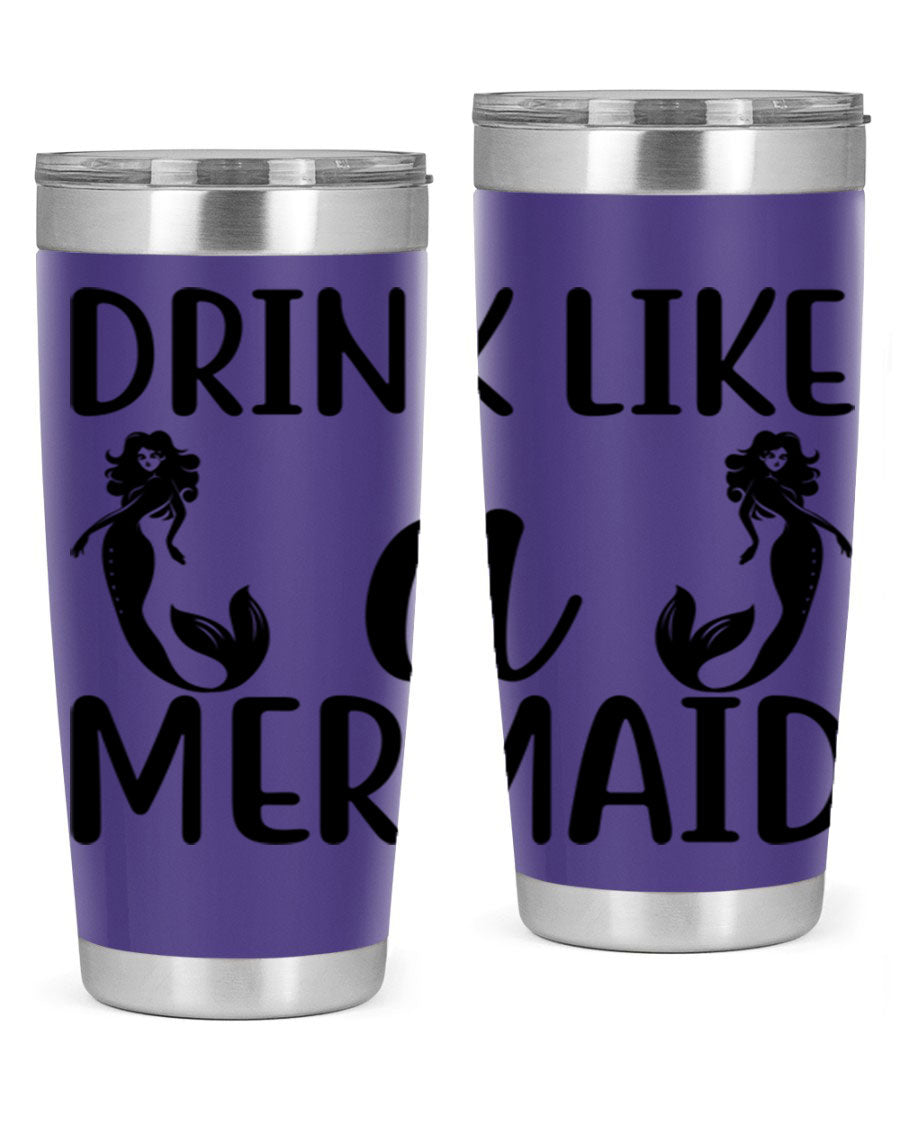 Drink like a Mermaid 148# Tumbler in vibrant colors, showcasing its double wall vacuum stainless steel design and drink-thru lid.