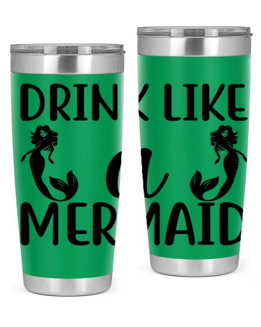 Drink like a Mermaid 148# Tumbler in vibrant colors, showcasing its double wall vacuum stainless steel design and drink-thru lid.