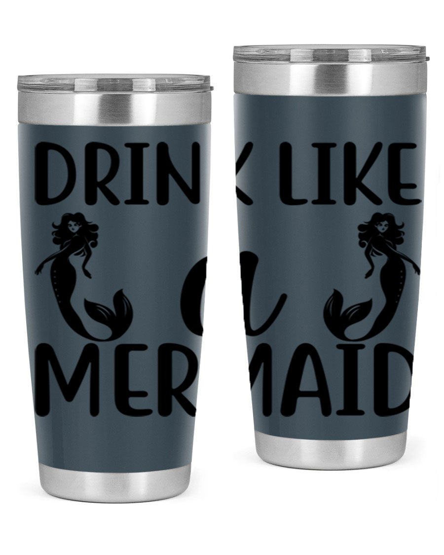 Drink like a Mermaid 148# Tumbler in vibrant colors, showcasing its double wall vacuum stainless steel design and drink-thru lid.