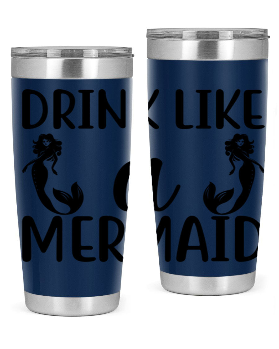 Drink like a Mermaid 148# Tumbler in vibrant colors, showcasing its double wall vacuum stainless steel design and drink-thru lid.