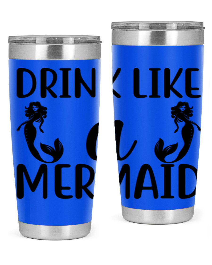 Drink like a Mermaid 148# Tumbler in vibrant colors, showcasing its double wall vacuum stainless steel design and drink-thru lid.