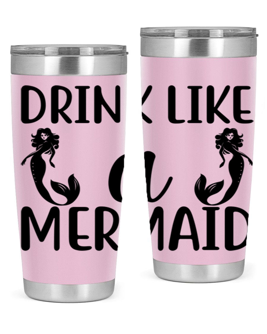 Drink like a Mermaid 148# Tumbler in vibrant colors, showcasing its double wall vacuum stainless steel design and drink-thru lid.