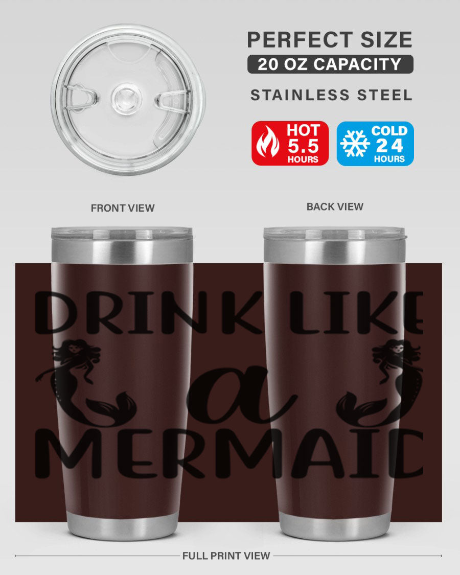 Drink like a Mermaid 148# Tumbler in vibrant colors, showcasing its double wall vacuum stainless steel design and drink-thru lid.