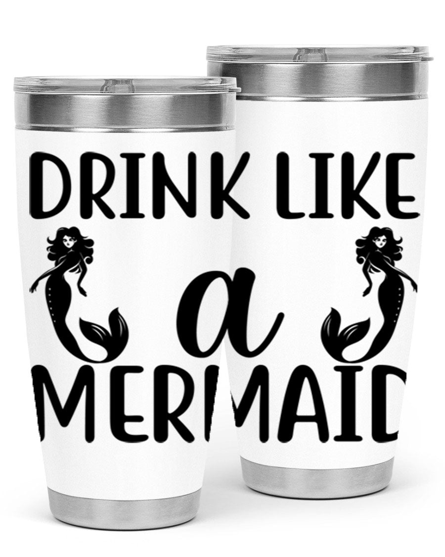 Drink like a Mermaid 148# Tumbler in vibrant colors, showcasing its double wall vacuum stainless steel design and drink-thru lid.
