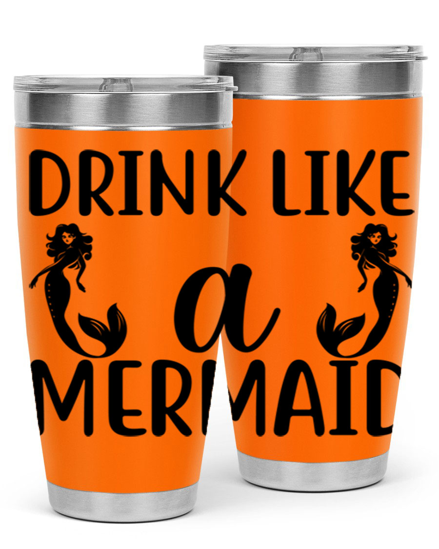 Drink like a Mermaid 148# Tumbler in vibrant colors, showcasing its double wall vacuum stainless steel design and drink-thru lid.