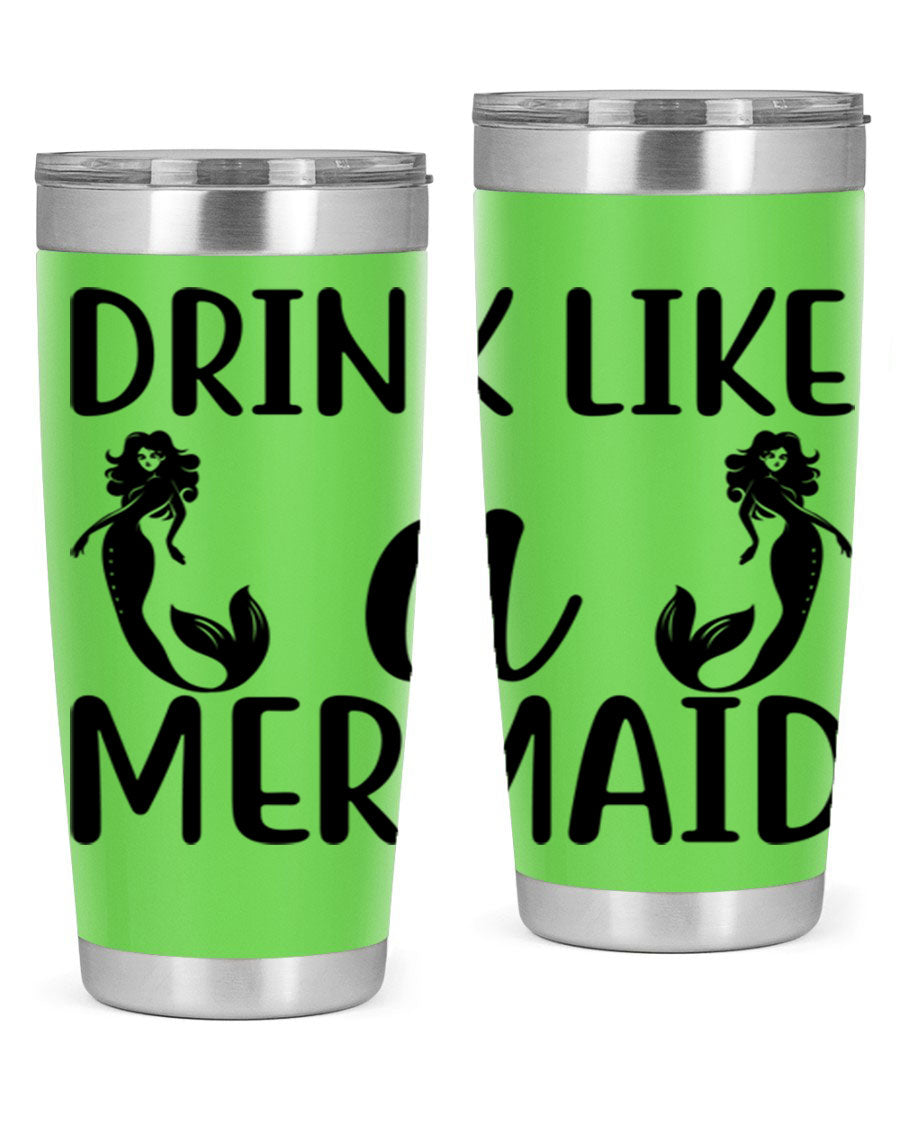 Drink like a Mermaid 148# Tumbler in vibrant colors, showcasing its double wall vacuum stainless steel design and drink-thru lid.