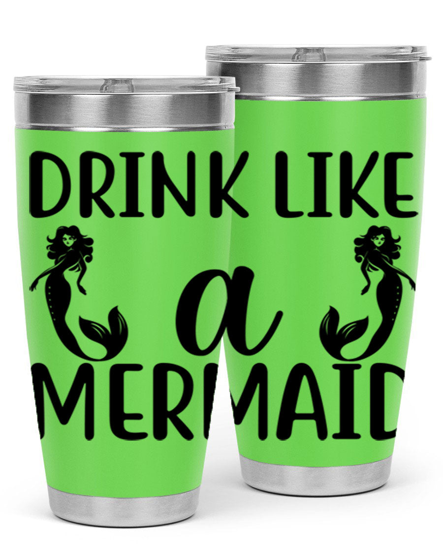 Drink like a Mermaid 148# Tumbler in vibrant colors, showcasing its double wall vacuum stainless steel design and drink-thru lid.