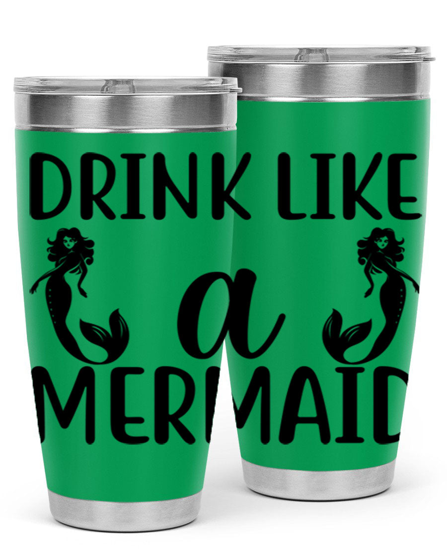 Drink like a Mermaid 148# Tumbler in vibrant colors, showcasing its double wall vacuum stainless steel design and drink-thru lid.