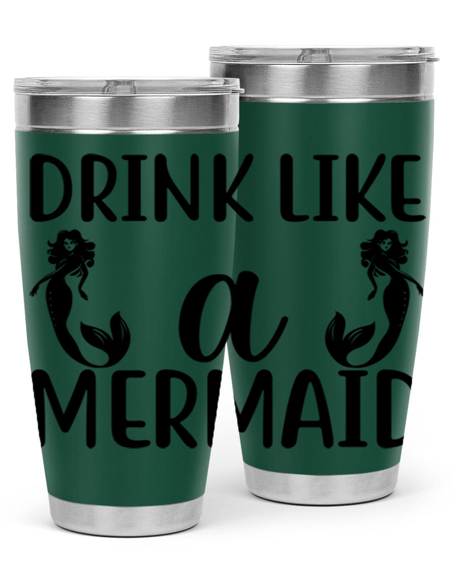Drink like a Mermaid 148# Tumbler in vibrant colors, showcasing its double wall vacuum stainless steel design and drink-thru lid.