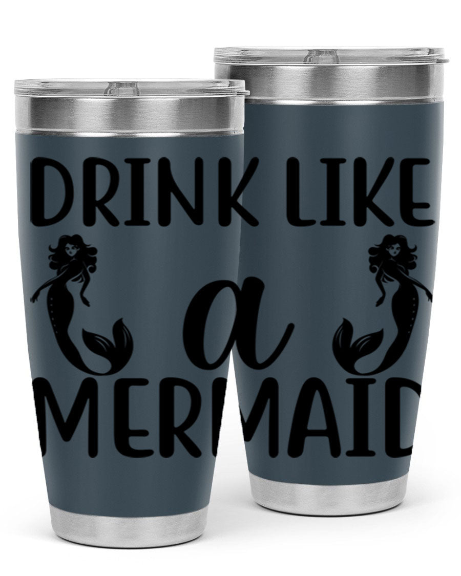 Drink like a Mermaid 148# Tumbler in vibrant colors, showcasing its double wall vacuum stainless steel design and drink-thru lid.