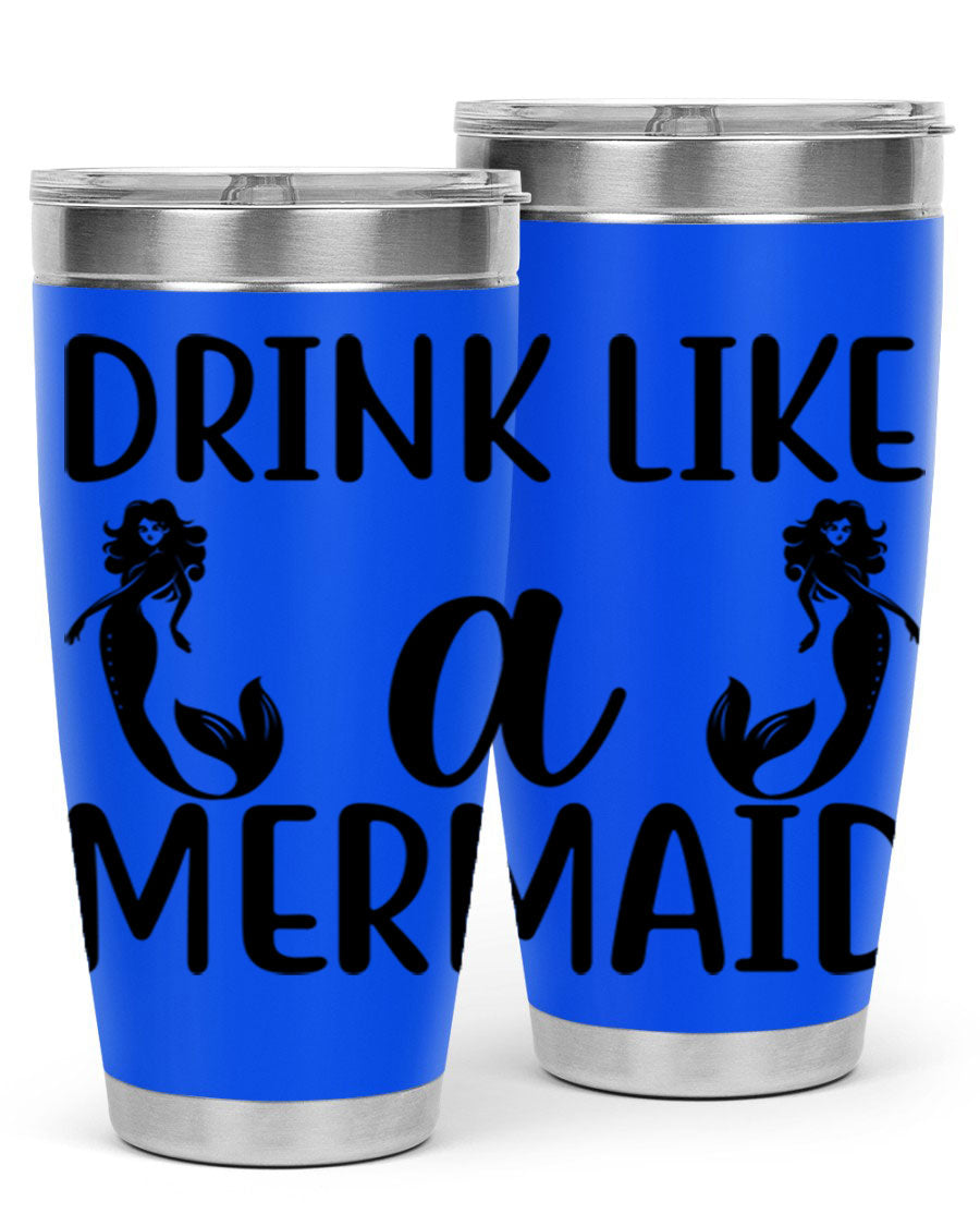 Drink like a Mermaid 148# Tumbler in vibrant colors, showcasing its double wall vacuum stainless steel design and drink-thru lid.