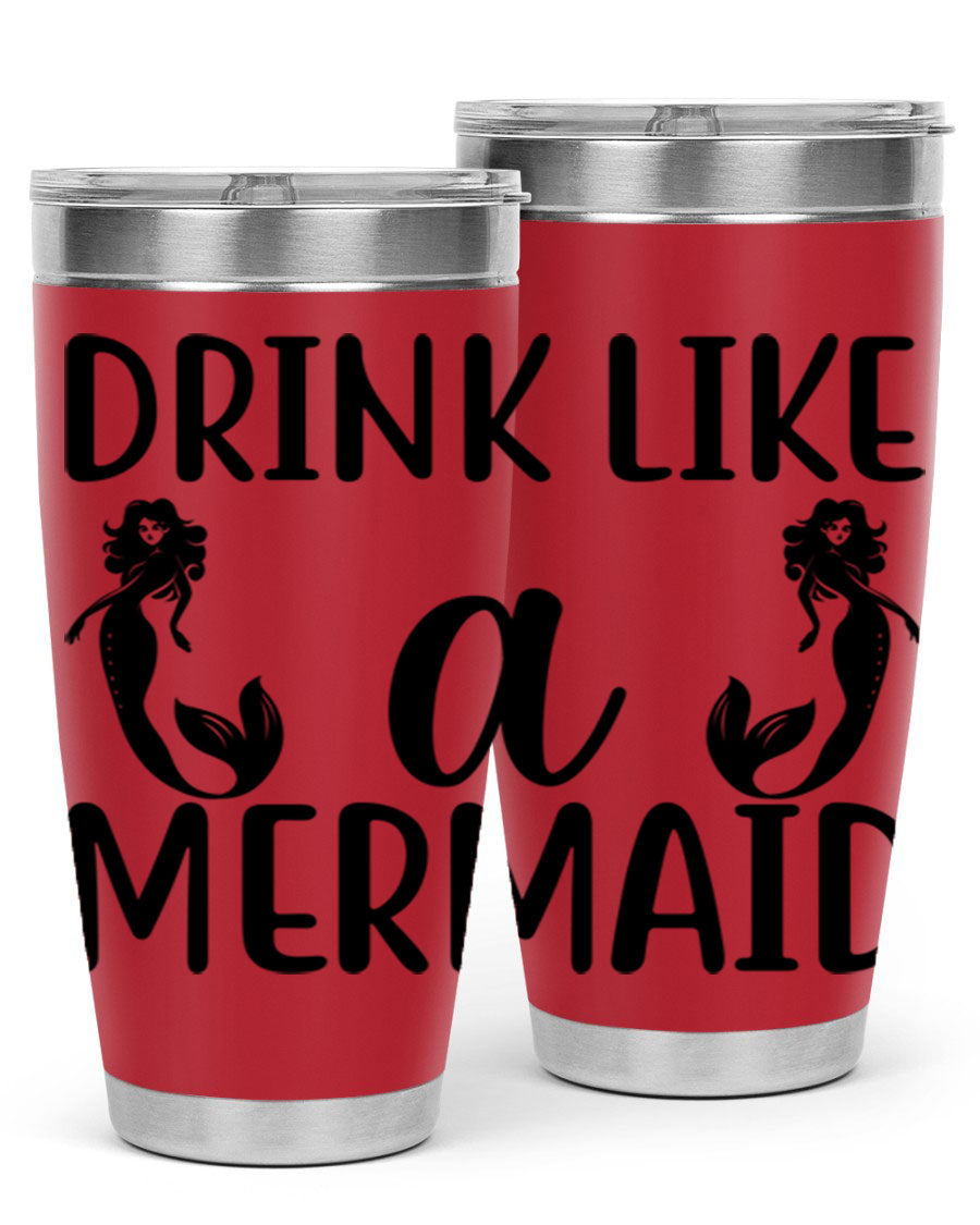 Drink like a Mermaid 148# Tumbler in vibrant colors, showcasing its double wall vacuum stainless steel design and drink-thru lid.