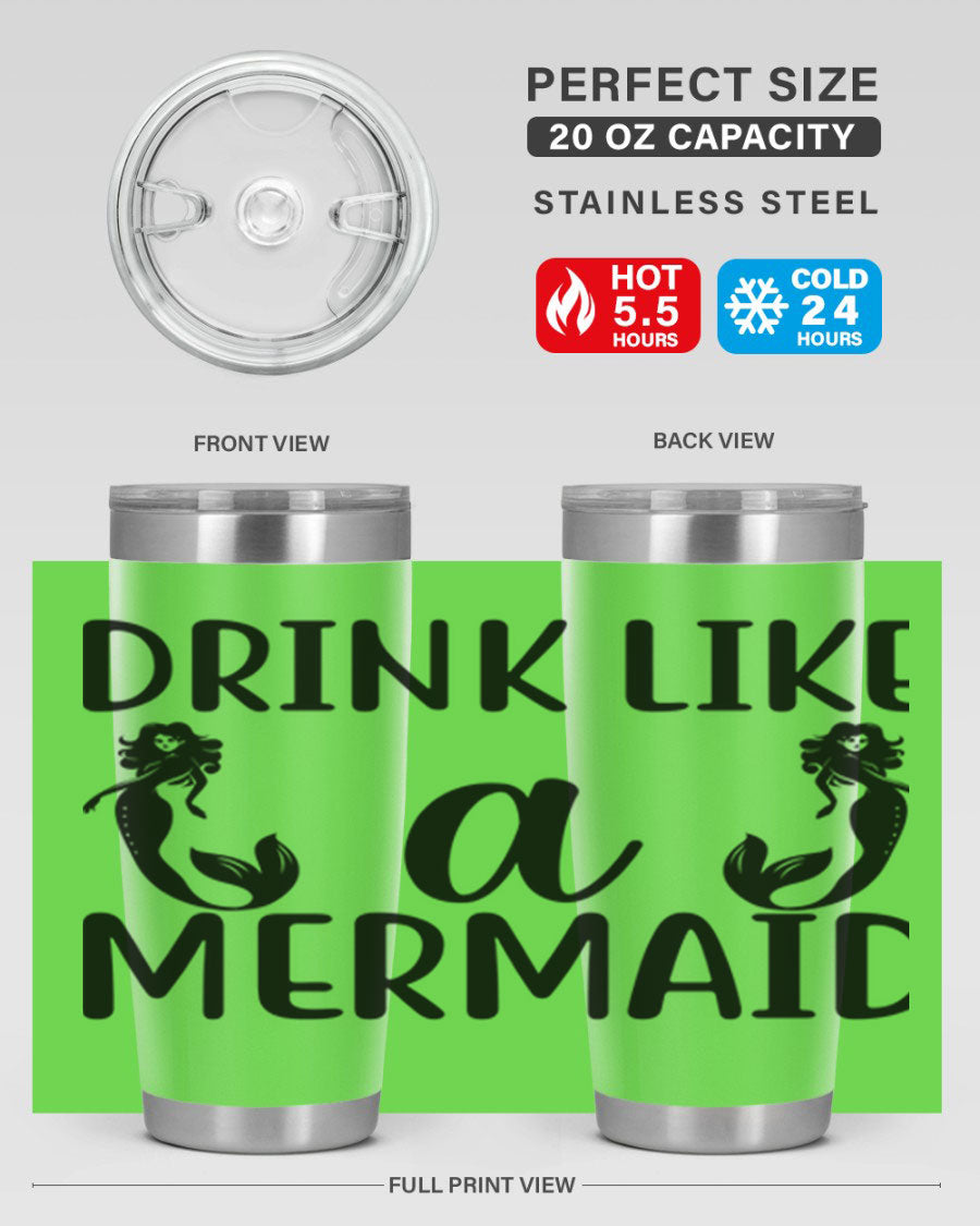 Drink like a Mermaid 148# Tumbler in vibrant colors, showcasing its double wall vacuum stainless steel design and drink-thru lid.