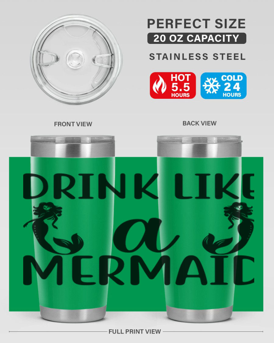 Drink like a Mermaid 148# Tumbler in vibrant colors, showcasing its double wall vacuum stainless steel design and drink-thru lid.