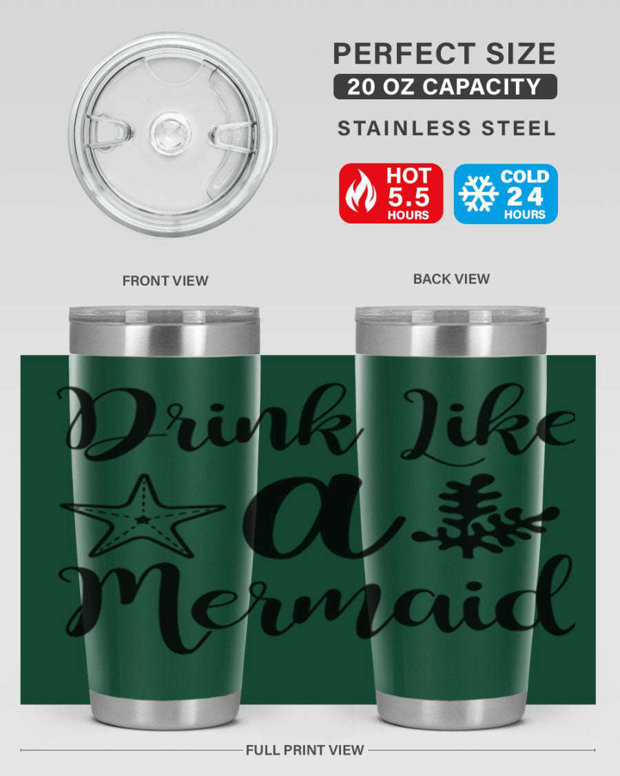 Drink like a Mermaid 149# Tumbler in vibrant colors, showcasing its double wall vacuum stainless steel design and drink-thru lid.