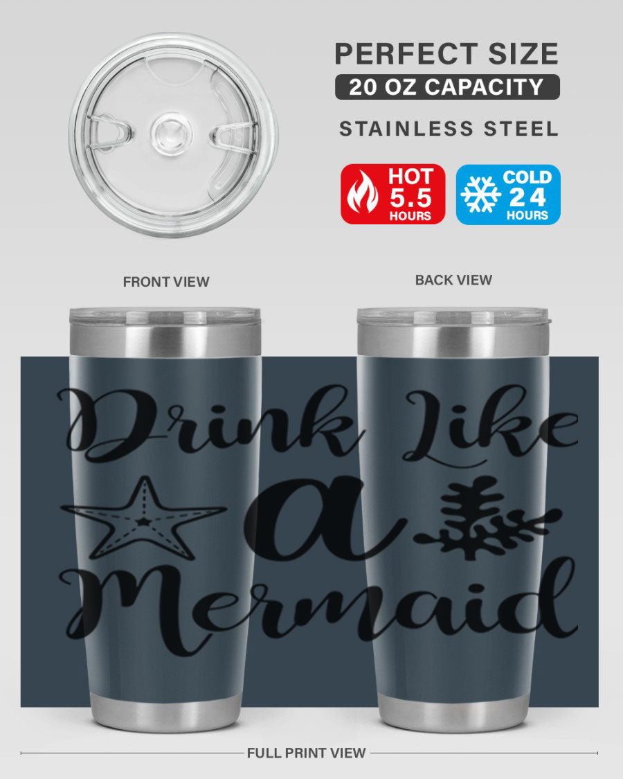 Drink like a Mermaid 149# Tumbler in vibrant colors, showcasing its double wall vacuum stainless steel design and drink-thru lid.