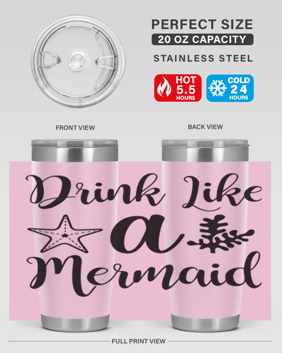 Drink like a Mermaid 149# Tumbler in vibrant colors, showcasing its double wall vacuum stainless steel design and drink-thru lid.